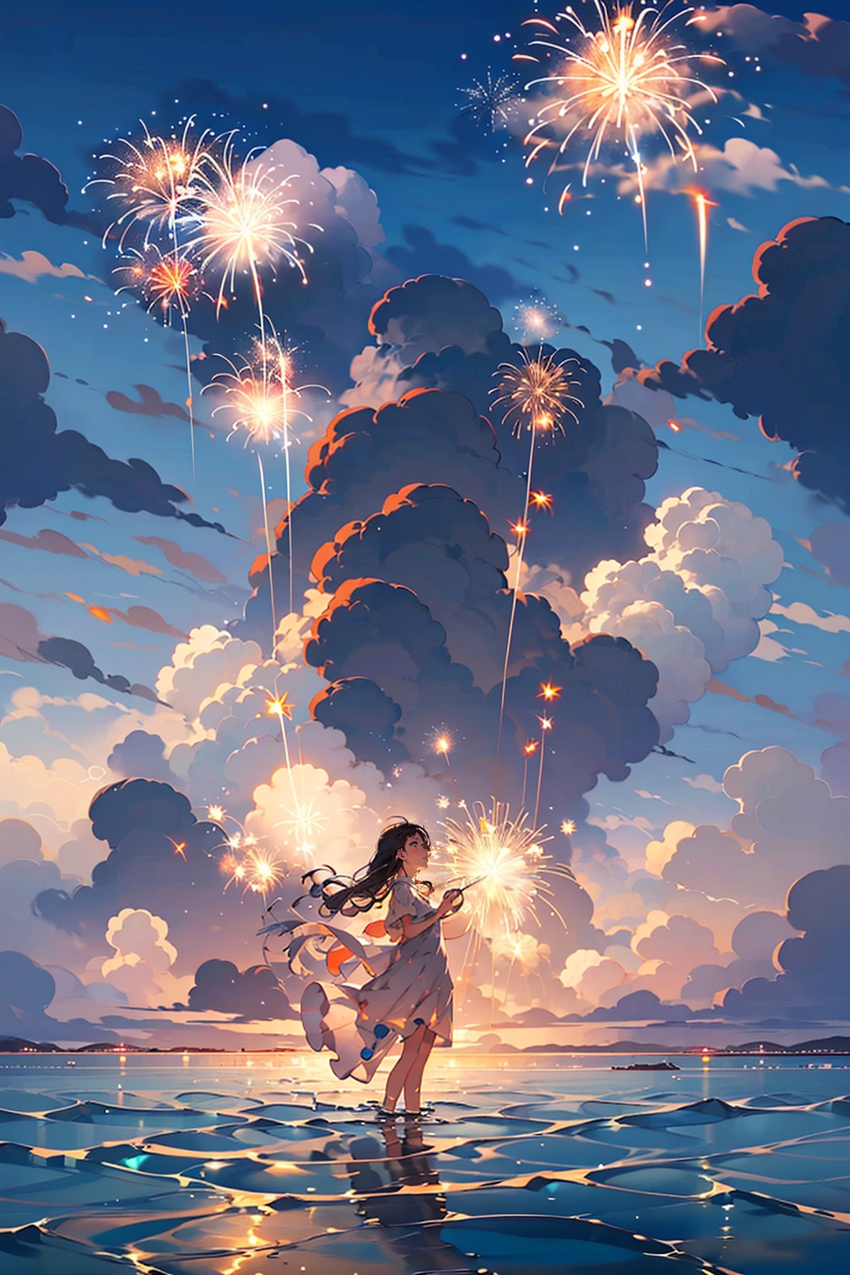 1girl, solo, sky, cloud, fireworks, long hair, water, sunset, outdoors, holding, dress, standing, cloudy sky, sparkler, wa...